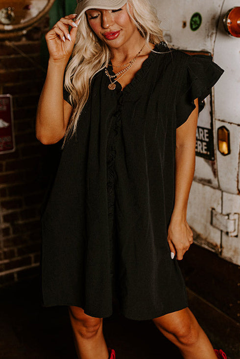 Charming Frilled V Neck Pleated Ruffle Detail Short Shift Dress